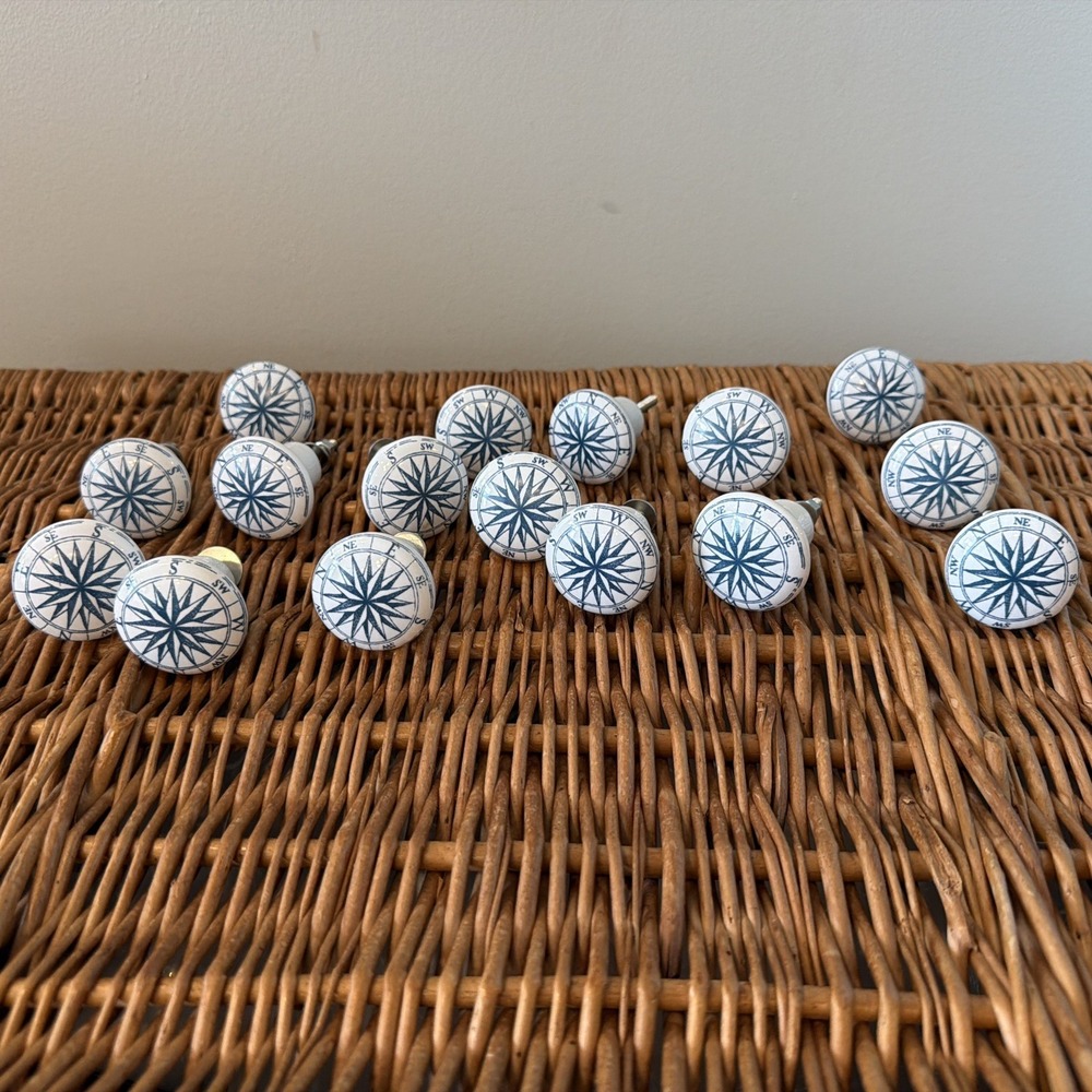 Set of 16 Nautical White Blue Ceramic Compass Cabinet Drawer Knobs Porcelain